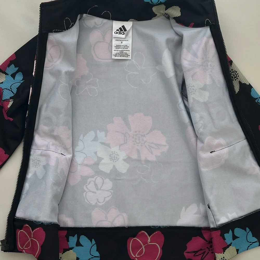 Size 5 Kids Adidas Black Jacket with Multicolor Floral Design - Picture 7 of 8